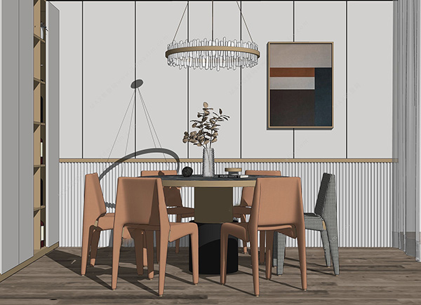 新中式餐厅 餐桌椅组合SU模型ID2688233778