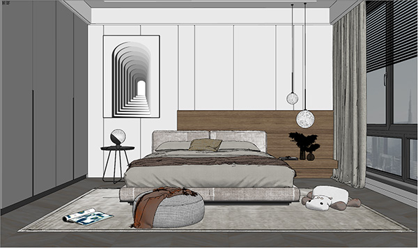 现代卧室，双人床，圆形变几ID2688233886